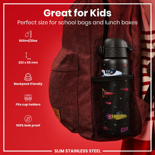 Leak Proof Slim Water Bottle, Stainless Steel, Spaceships, 600ml (20oz)