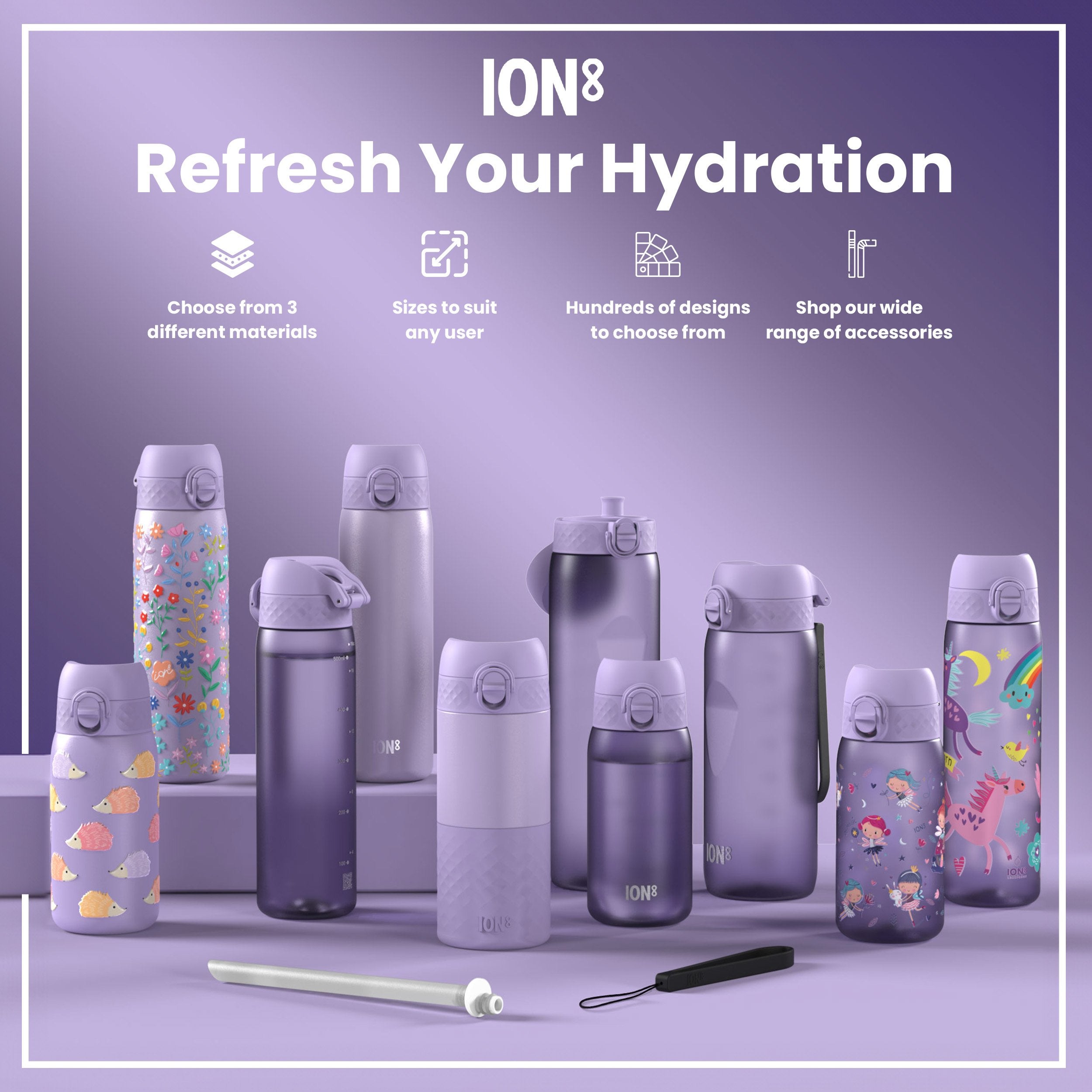 Leak Proof Slim Water Bottle, Stainless Steel, Purple Unicorns, 600ml (20oz)